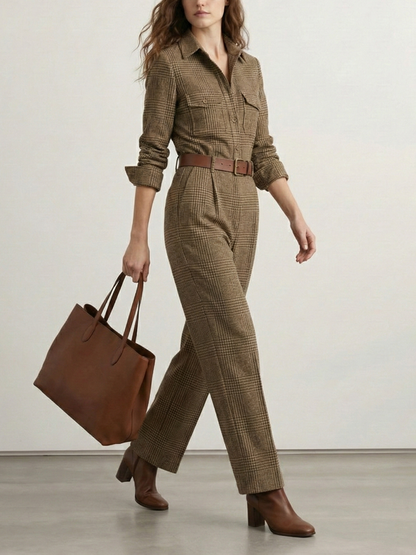 High Waisted Long Sleeves No Belt Plaid Pleated Pockets Lapel Jumpsuits