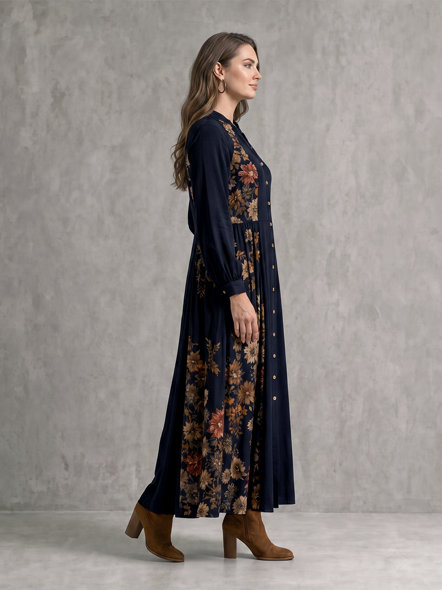 Pockets Pleated Flower Print Contrast Color Buttoned Loose Long Sleeves Round-neck Maxi Dresses