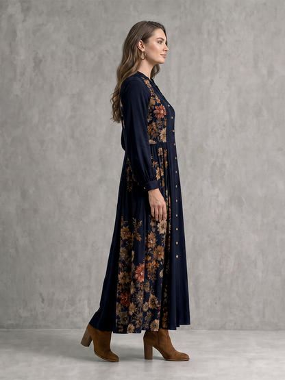 Pockets Pleated Flower Print Contrast Color Buttoned Loose Long Sleeves Round-neck Maxi Dresses