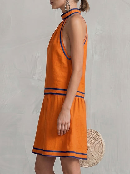 A-Line Sleeveless Contrast Color Pockets Zipper Halter-Neck Mini Dresses