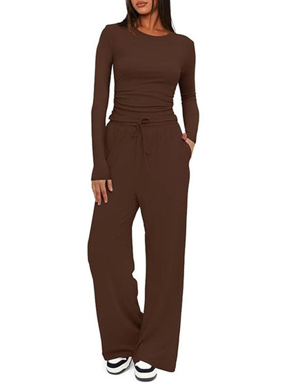 Solid Color Pleated Round-Neck T-Shirts Tops +  Elasticated Waist High Waisted Drawstring Pants Two Pieces Set