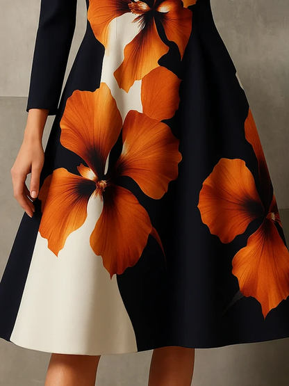 A-Line Long Sleeves Contrast Color Flower Print Mock Neck Midi Dresses