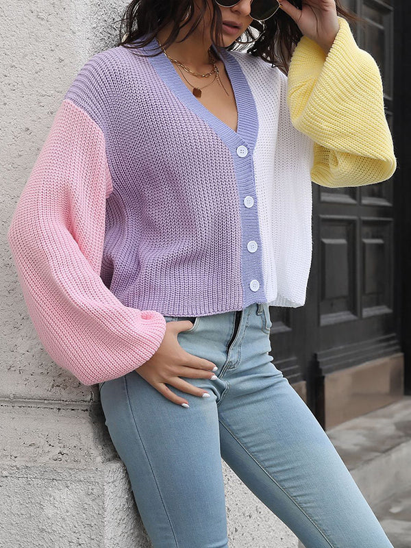 Long Sleeves Loose Contrast Color Split-Joint V-Neck Cardigan Tops