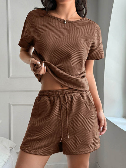 Loose Solid Color Round-Neck Short Sleeves Jacquard T-Shirts Tops + Pockets Tied Waist Shorts Two Pieces Set