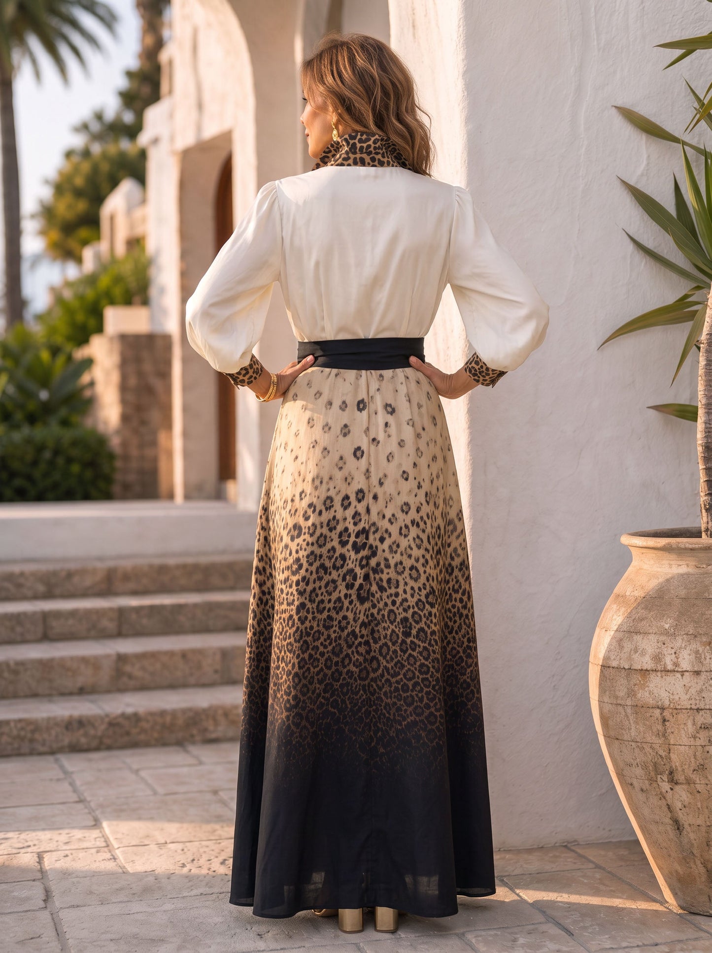 Leopard Gradient Flower Print Contrast Color Buttoned Bowknot Puff Sleeves Long Sleeves Lapel Maxi Dresses