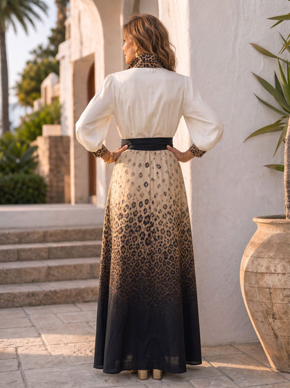Leopard Gradient Flower Print Contrast Color Buttoned Bowknot Puff Sleeves Long Sleeves Lapel Maxi Dresses