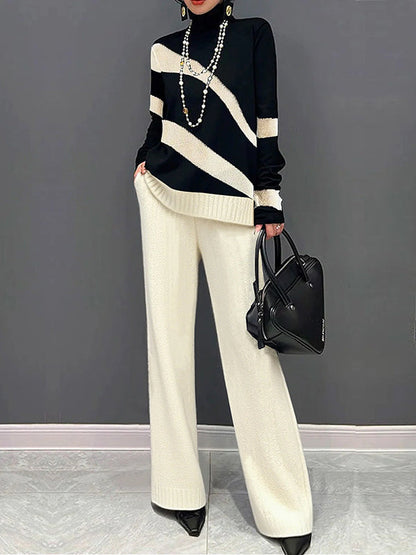 Long Sleeves Loose Contrast Color High Neck Sweater Tops