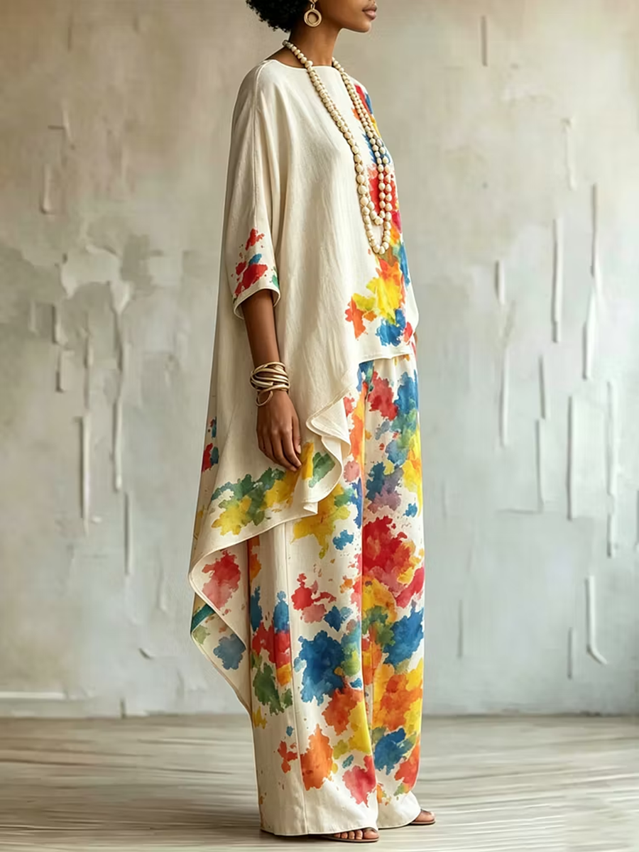 High Waisted Wide Leg Colorful Contrast Color Pockets Printed Pants Trousers