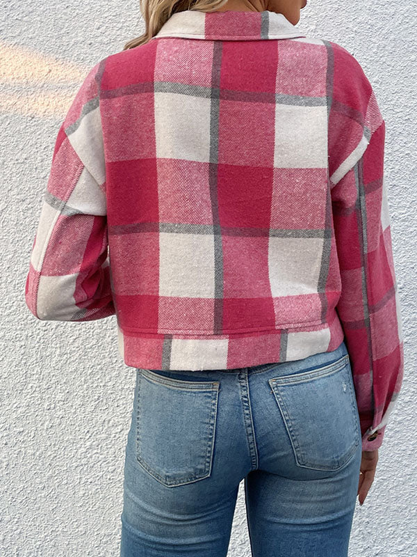 Long Sleeves Loose Buttoned Plaid Pockets Split-Joint Lapel Jackets Outerwear