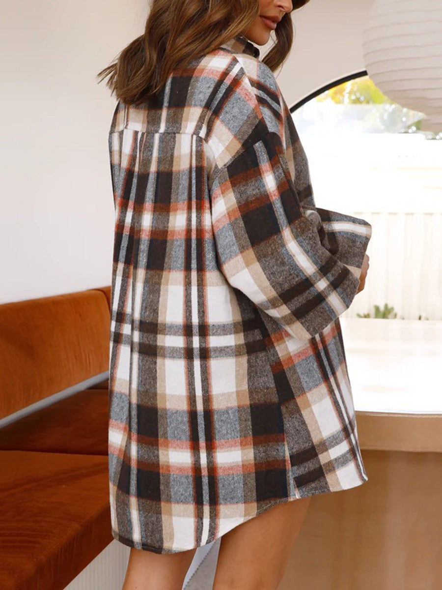 Long Sleeves Loose Buttoned Plaid Pleated Lapel Blouses&Shirts Tops