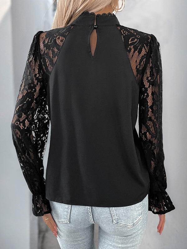 Long Sleeves Loose Black Leaves Elasticity See-Through Split-Joint Mock Neck Blouses&Shirts Tops