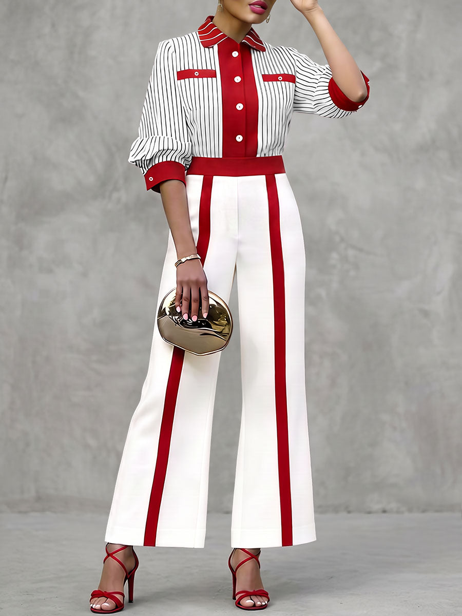 Striped Pockets Elasticity Contrast Color Wide Leg Loose Trousers Pants