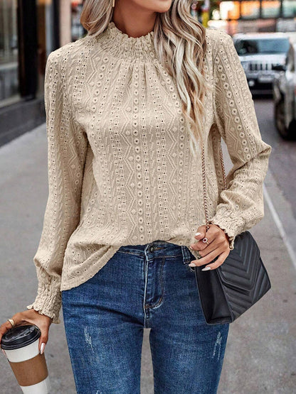 Long Sleeves Loose Elasticity Jacquard Pleated Solid Color Mock Neck T-Shirts Tops