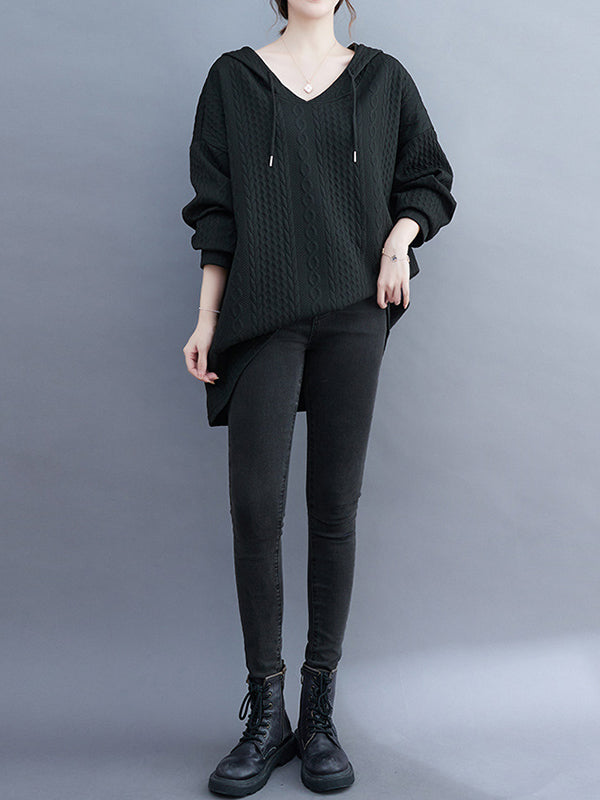 Hooded Long Sleeves Drawstring Jacquard Solid Color Split-Joint Hoodies Tops