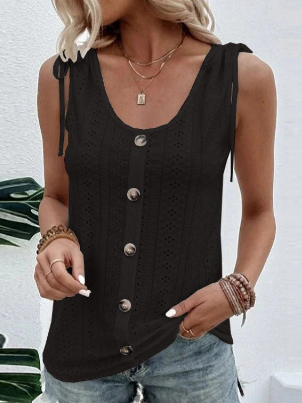 Loose Plus Size Buttoned Hollow Pleated Split-Joint Tied U-neck Vest Top