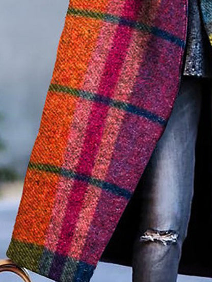 Long Sleeves Loose Plaid Split-Joint Lapel Outerwear Woolen Coat