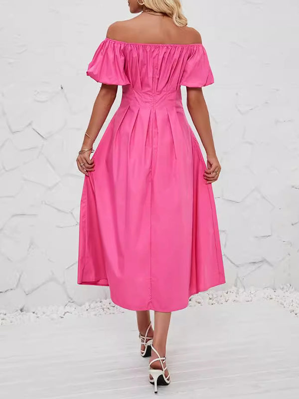 Loose Puff Sleeves Elasticity Pleated Solid Color Split-Joint Off-The-Shoulder Midi Dresses