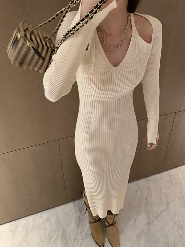 High Waisted Long Sleeves Hollow Solid Color Split-Side V-Neck Midi Dresses Sweater Dresses