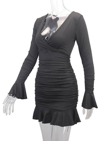 Bodycon Elasticated Waist Pleated Ruffled Solid Color Split-Joint V-Neck Midi Dresses