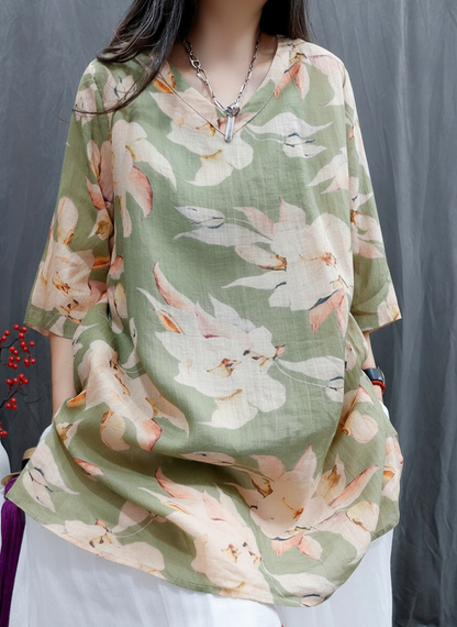 Women Summer Floral Vintage Three-Quarter Sleeve Linen Tunic Blouse