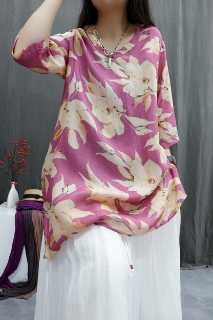 Women Summer Floral Vintage Three-Quarter Sleeve Linen Tunic Blouse