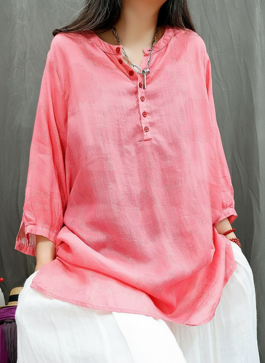 Women Summer Floral Vintage Three-Quarter Sleeve Linen Tunic Blouse