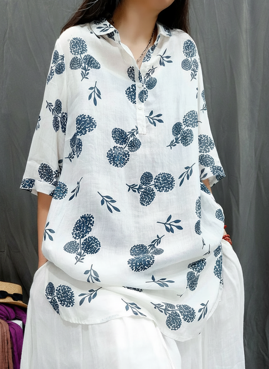 Women Summer Floral Vintage Three-Quarter Sleeve Linen Tunic Top