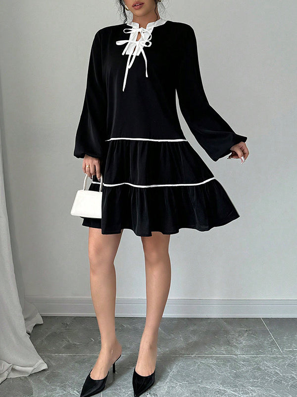 A-Line Long Sleeves Elasticity Pleated Tied V-Neck Mini Dresses