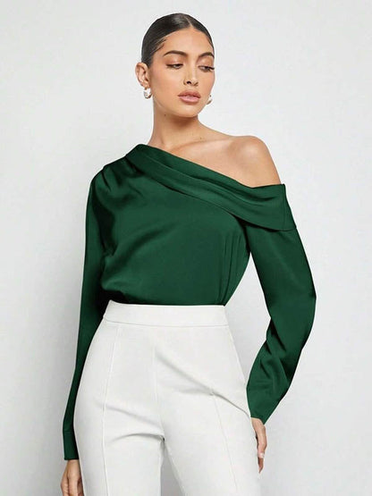 Long Sleeves Skinny Pleated Solid Color Split-Joint One-Shoulder Blouses&Shirts Tops