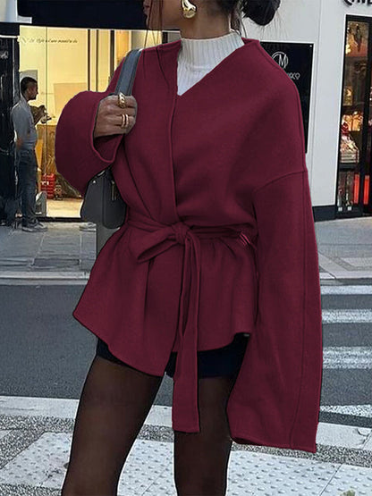 Long Sleeves Loose Solid Color Tied Waist V-Neck Outerwear