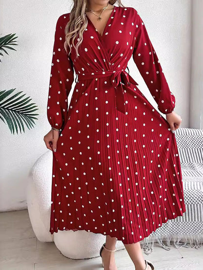 High Waisted Long Sleeves Pleated Polka Dot Tied Waist V-Neck Maxi Dresses Shirt Dress