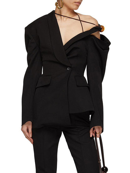 Long Sleeves Loose Asymmetric Buttoned Hollow Solid Color Tied Asymmetric Collar Blazer