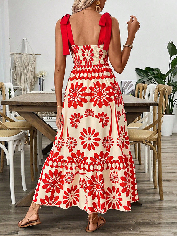 A-Line Loose Elasticity Flower Print Pleated Tied Spaghetti-Neck Midi Dresses