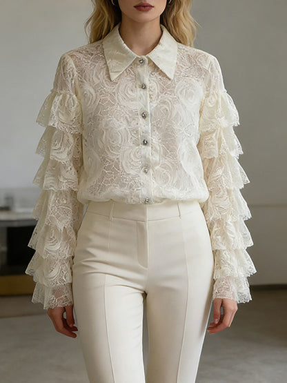 Long Sleeves Ruffle Sleeves Buttoned Solid Color Split-Joint Lapel Blouses&Shirts Tops