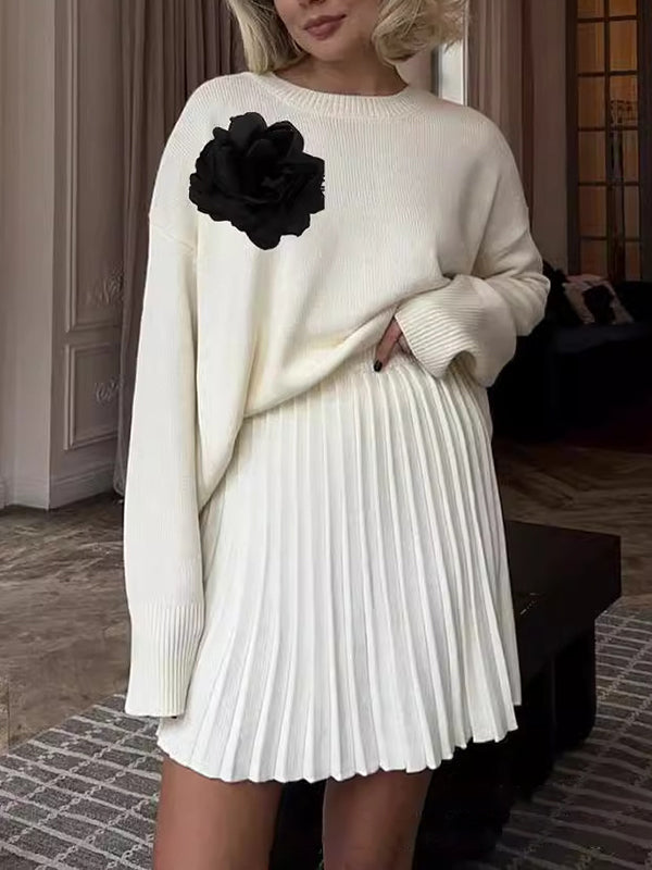 Long Sleeves Loose Flower Shape Split-Joint Round-Neck Sweater Tops