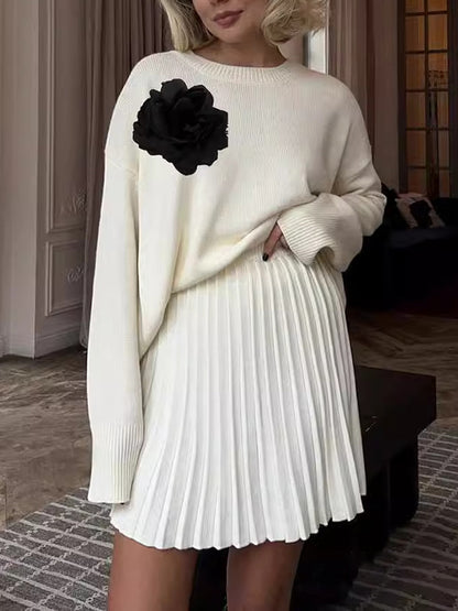 Long Sleeves Loose Flower Shape Split-Joint Round-Neck Sweater Tops