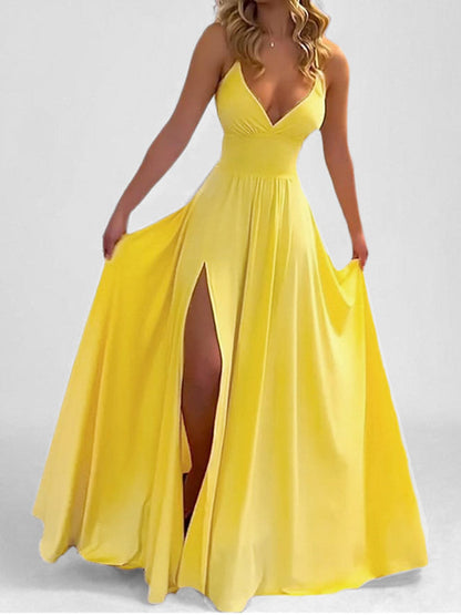 Bodycon High Waisted Pleated Solid Color Split-Joint Split-side Spaghetti-Neck Maxi Dresses