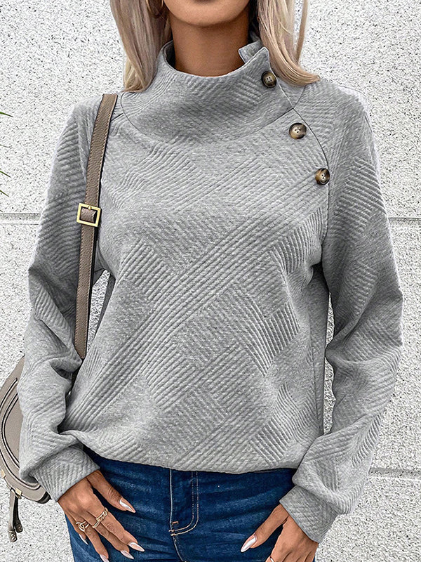 Long Sleeves Loose Asymmetric Buttoned Solid Color Split-Joint Mock Neck Sweatshirt Tops