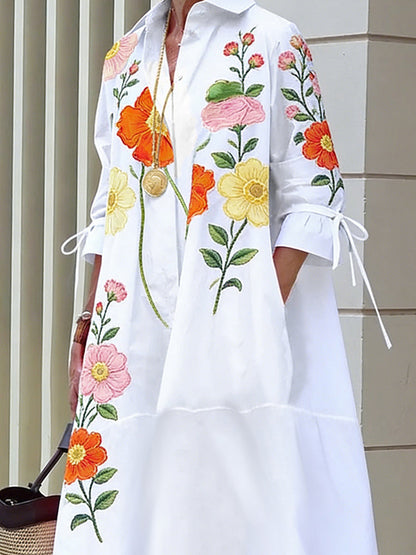 A-Line Half Sleeves Buttoned Flower Print Pockets Split-Joint Tied Lapel Midi Dresses