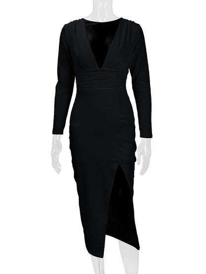 Bodycon Elasticated Waist Pleated Solid Color Split-Joint Split-Side Deep V-Neck Midi Dresses