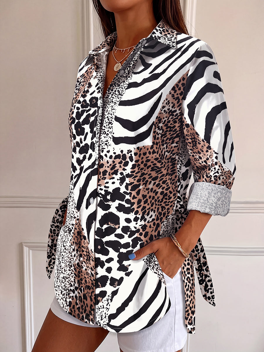 Leopard Contrast Color Buttoned Animal Printed Plus Size Loose Lapel Blouses&shirts Tops