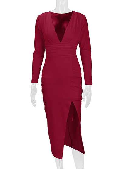 Bodycon Elasticated Waist Pleated Solid Color Split-Joint Split-Side Deep V-Neck Midi Dresses