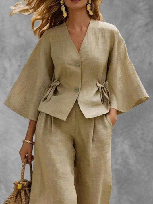 Flared Sleeves Loose Buttoned Solid Color Tied V-Neck Blouses&Shirts Tops
