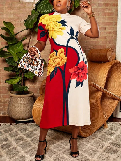 Loose Short Sleeves Flower Print Zipper Mock Neck Midi Dresses