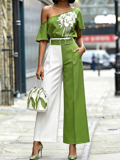 High Waisted Belted Contrast Color Pleated Pockets Pants Trousers