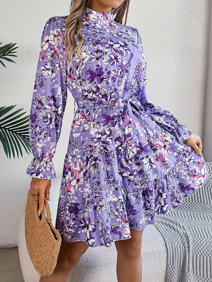 A-Line High Waisted Elasticity Flower Print Pleated Tied Waist Stand Collar Mini Dresses