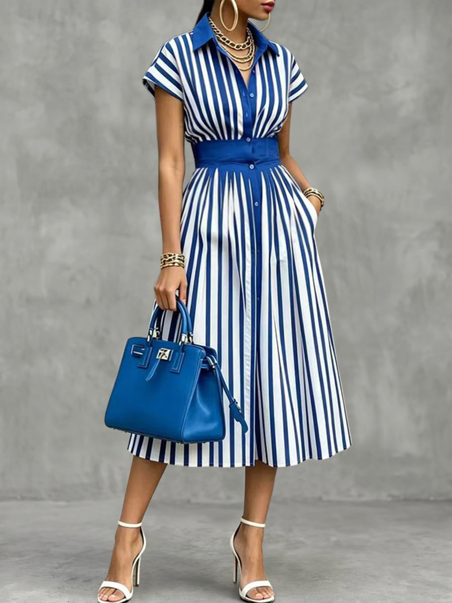 Striped Pockets Buttoned Short Sleeves High Waisted Lapel Midi Dresses