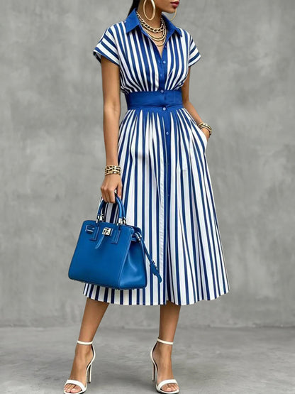 Striped Pockets Buttoned Short Sleeves High Waisted Lapel Midi Dresses