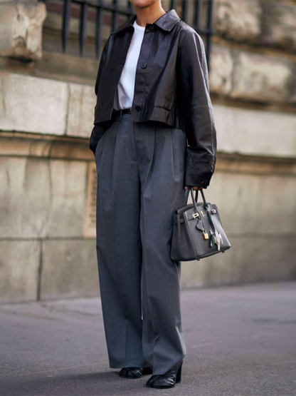 Loose Straight Leg High-Waisted Pleated Solid Color Split-Joint Suit Pants Trousers