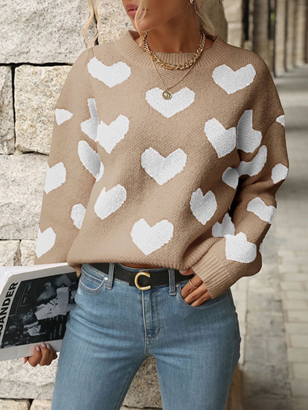 Long Sleeves Loose Heart Print Jacquard Split-Joint Round-Neck Pullovers Sweater Tops